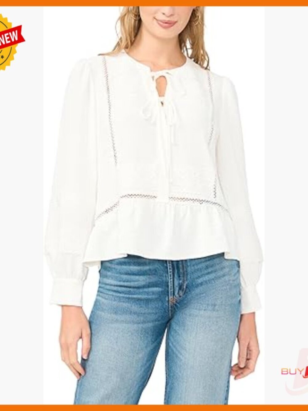 Lace Yoke Tie Front Long Sleeve Blouse, Regular Fit, Polyester